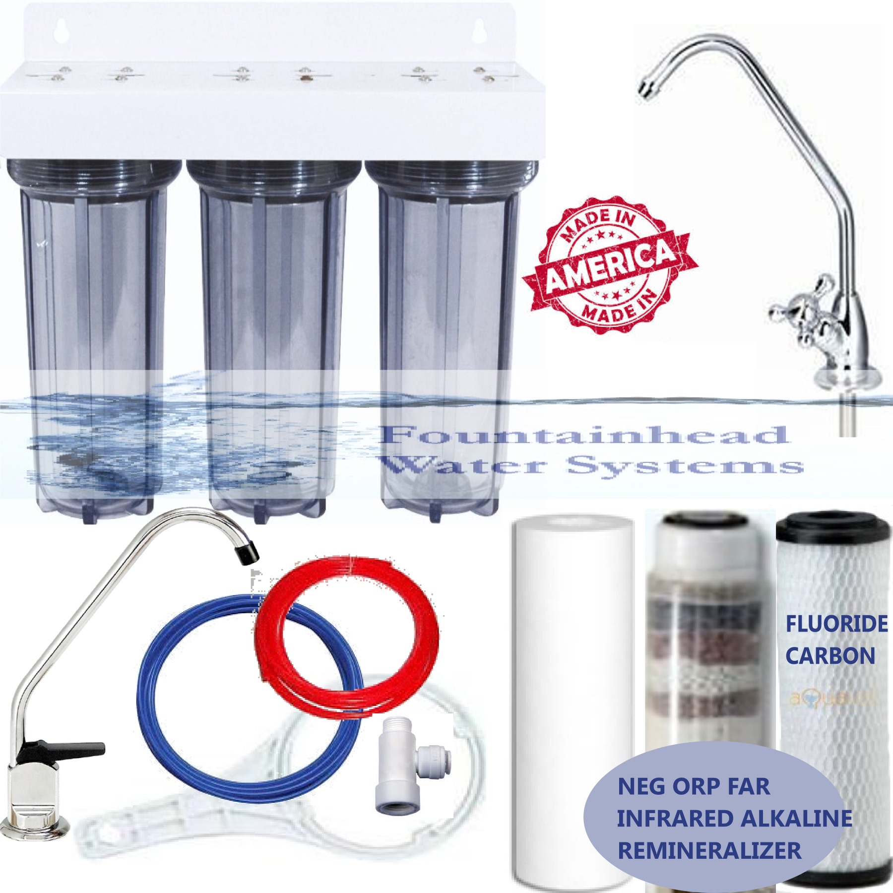 3 Stage Neg ORP Fluoride Arsenic Chlorine Voc Filters System. Clear Housings. Deluxe Faucet
