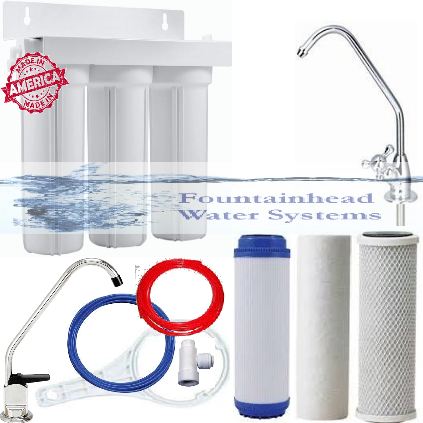 3 Stage White Housings Under Sink System with Deluxe Faucet. Sediment GAC Carbon Carbon KDF Filters